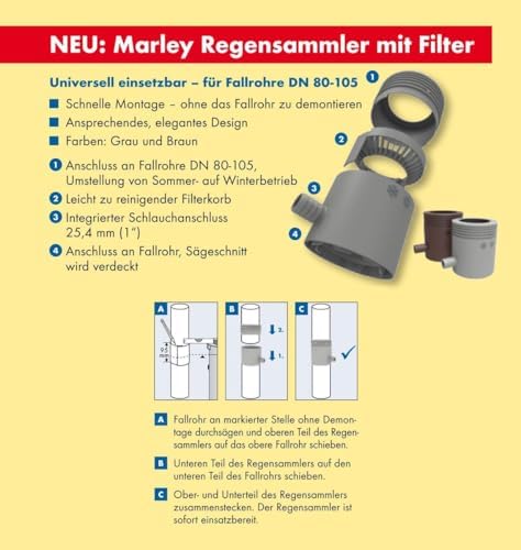 Marley Regensammler für Fallrohr mit Filter + Überlaufstop 53-75 mm Anthrazit-Metallik Fallrohrfilter